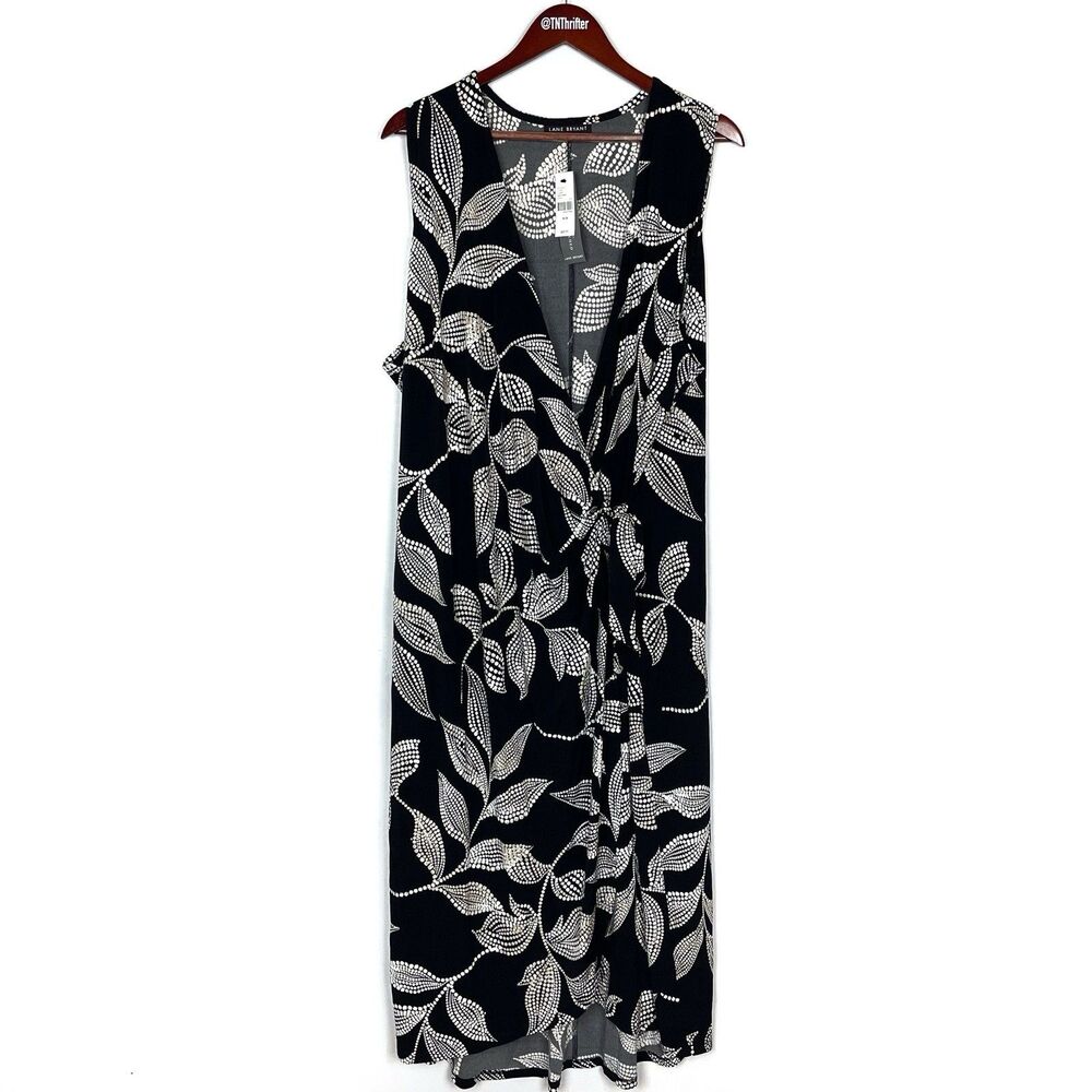 NEW Lane Bryant Faux Wrap Style Dress Floral Leaf Jersey Dress Black Size 26 28